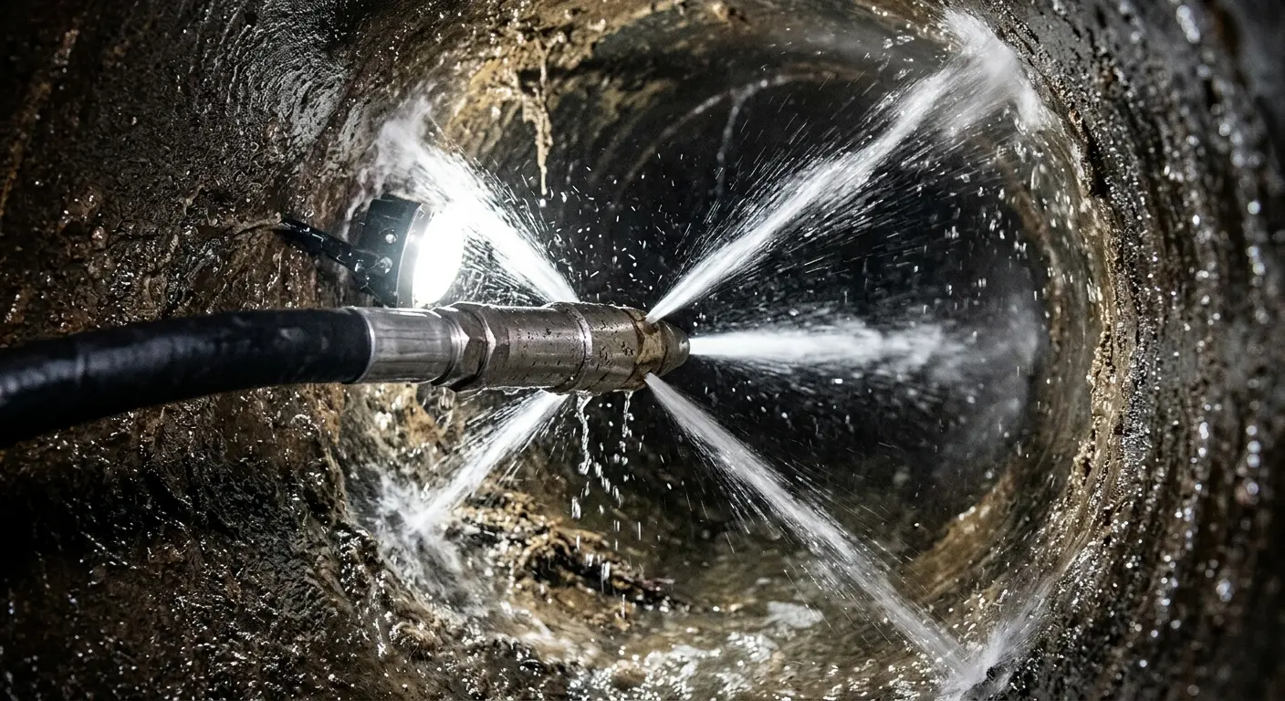 High-pressure hydro jetting nozzle cleaning sewer pipe for Sewer Cleanout in Hercules