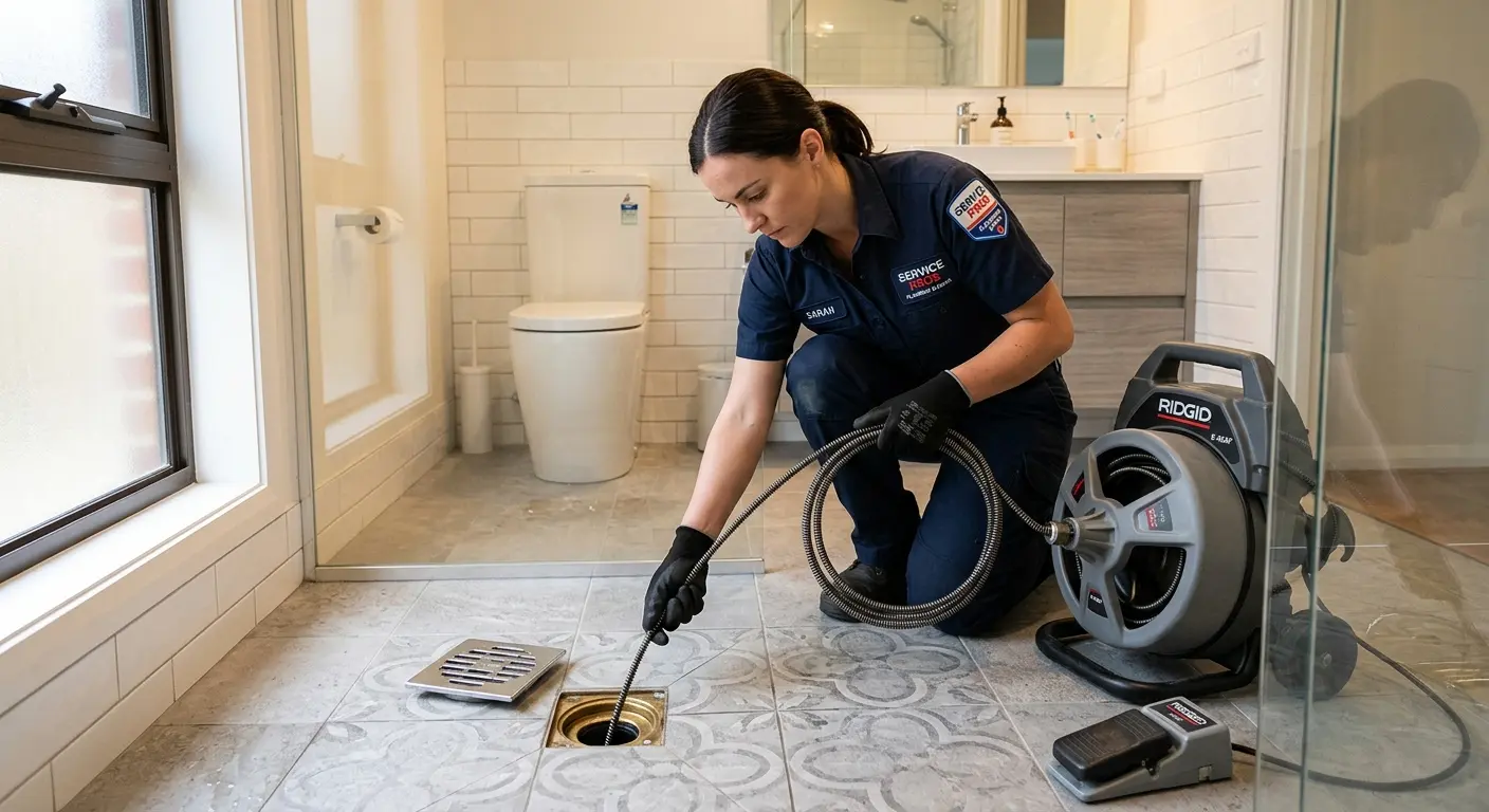 Technician clearing a bathroom floor drain for Drain Cleaning in Hercules